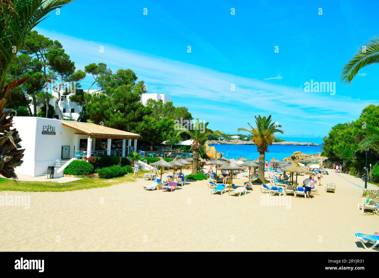 ESPOU Beach bar and restaurant on Cala des Pou beach in Cala D’or in Majorca, a Spanish island in tsland Stock Photo