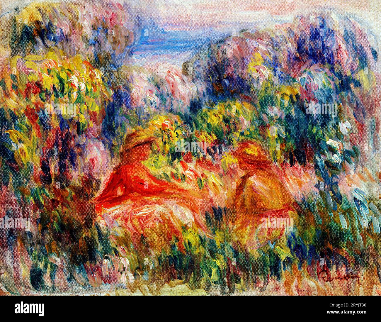 Two Women in a Landscape  Pierre-Auguste Renoir. Stock Photo