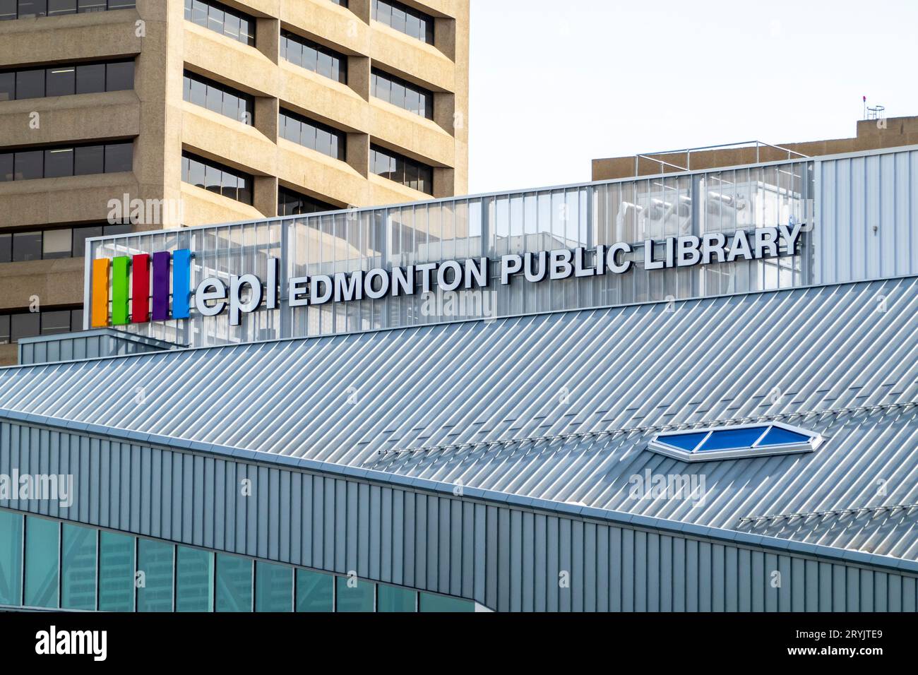 Edmonton, Alberta, Canada. Mar 30, 2023. A sign at top of the Edmonton Public Library, largest lender of information and enterta Stock Photo