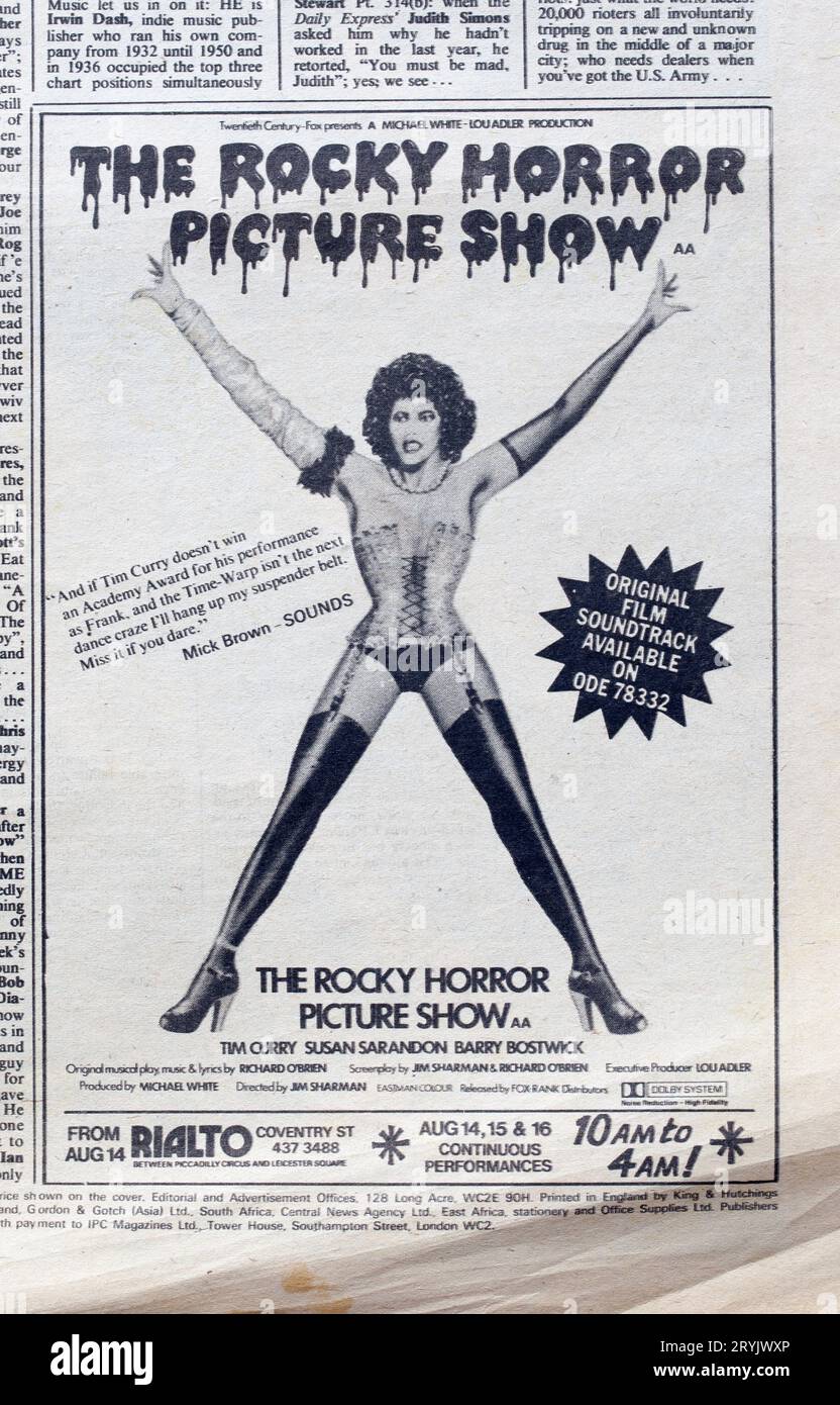 Advert for The Rocky Horror Picture Show film release in 1970s issue of NME New Musical Express Music Paper Stock Photo