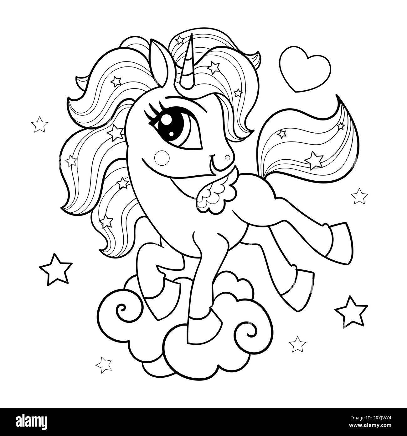Cute cartoon unicorn on a cloud. Black and white illustration. For children's design of coloring books, prints, posters, cards, stickers, puzzles, etc Stock Vector