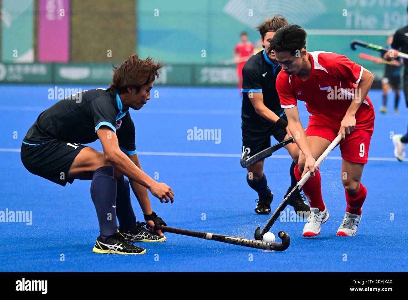 Raiki Fujishima (L), Yuma Nagai (M) of the Japan men hockey team and