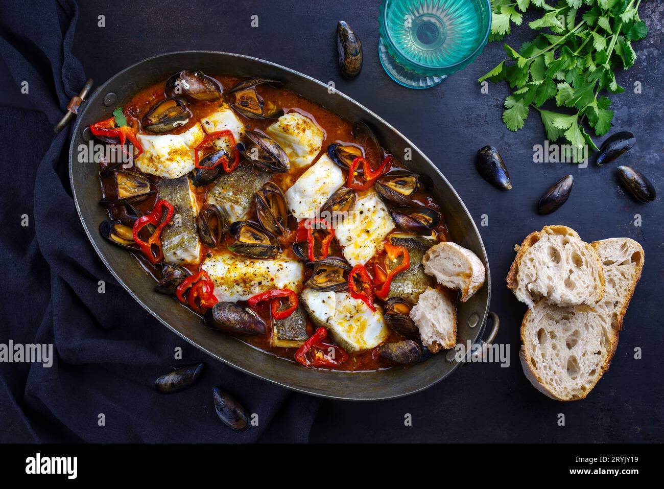Traditional French seafood bouillabaisse with cod fish and mussels in