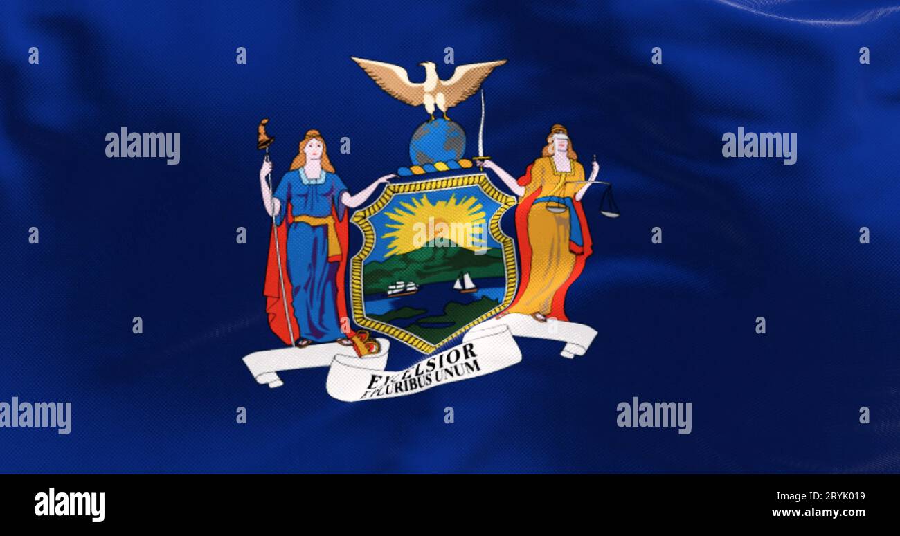 Detail of the New York State flag waving. Blue background with state