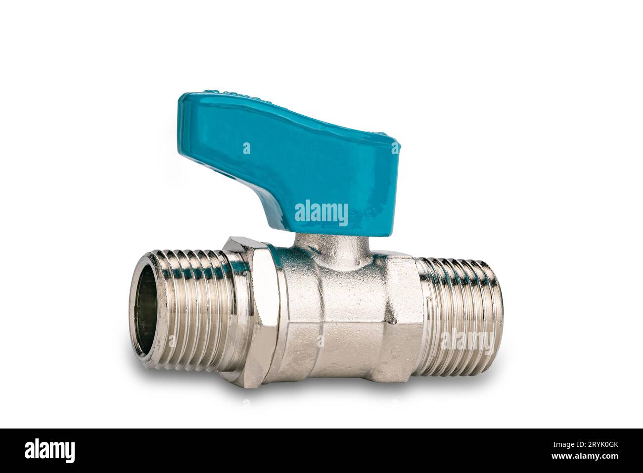 Metal water ball valve with short blue handle. Stock Photo