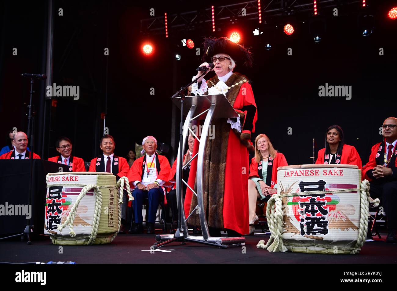 London, UK. 1st Oct, 2023. Speaker Cllr Patricia McAllister at the Japan Matsuri Festival is back in Trafalgar Square, London, UK, for Japanese culture, dances, performances, foods, and drinks. Credit: See Li/Picture Capital/Alamy Live News Stock Photo