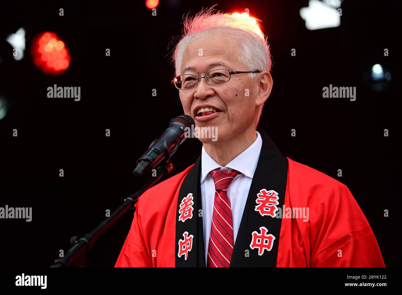 London, UK. 1st Oct, 2023. Speaker H.E. Mr Hajime Hayashi is a The Ambassador of Japan at the Japan Matsuri Festival is back in Trafalgar Square, London, UK, for Japanese culture, dances, performances, foods, and drinks. Credit: See Li/Picture Capital/Alamy Live News Stock Photo