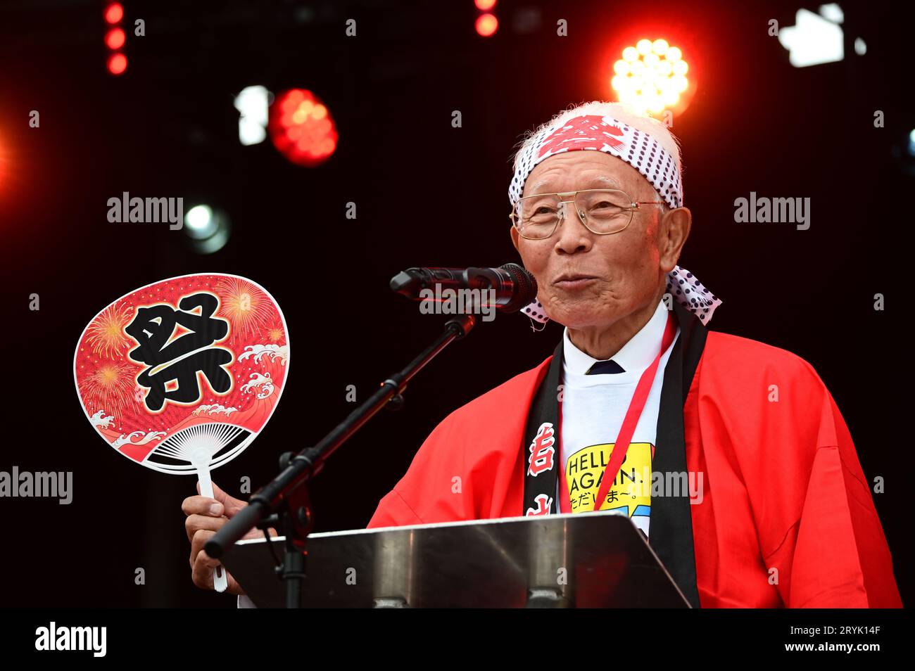 London, UK. 1st Oct, 2023. Speaker Mr Sandy Sano at the Japan Matsuri Festival is back in Trafalgar Square, London, UK, for Japanese culture, dances, performances, foods, and drinks. Credit: See Li/Picture Capital/Alamy Live News Stock Photo