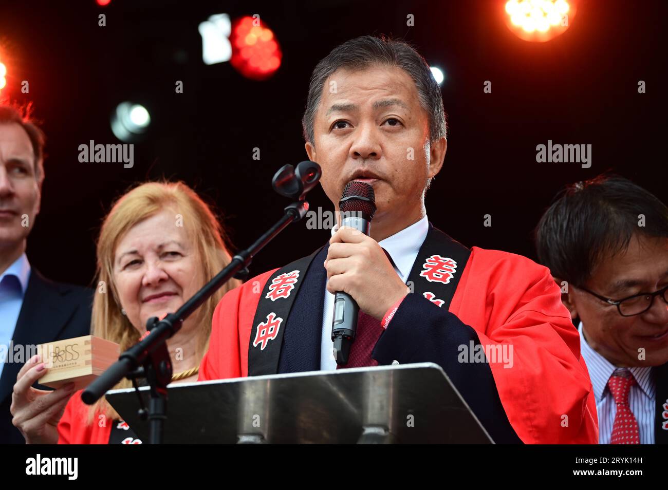 London, UK. 1st Oct, 2023. Speaker Mr Akihiko Takada at the Japan Matsuri Festival is back in Trafalgar Square, London, UK, for Japanese culture, dances, performances, foods, and drinks. Credit: See Li/Picture Capital/Alamy Live News Stock Photo