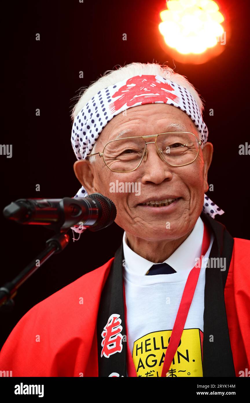 London, UK. 1st Oct, 2023. Speaker Mr Sandy Sano at the Japan Matsuri Festival is back in Trafalgar Square, London, UK, for Japanese culture, dances, performances, foods, and drinks. Credit: See Li/Picture Capital/Alamy Live News Stock Photo