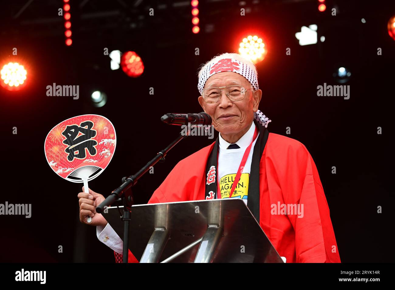 London, UK. 1st Oct, 2023. Speaker Mr Sandy Sano at the Japan Matsuri Festival is back in Trafalgar Square, London, UK, for Japanese culture, dances, performances, foods, and drinks. Credit: See Li/Picture Capital/Alamy Live News Stock Photo
