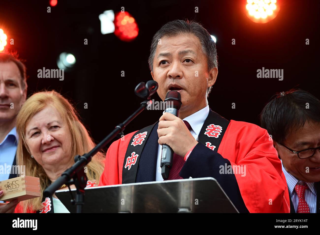 London, UK. 1st Oct, 2023. Speaker Mr Akihiko Takada at the Japan Matsuri Festival is back in Trafalgar Square, London, UK, for Japanese culture, dances, performances, foods, and drinks. Credit: See Li/Picture Capital/Alamy Live News Stock Photo