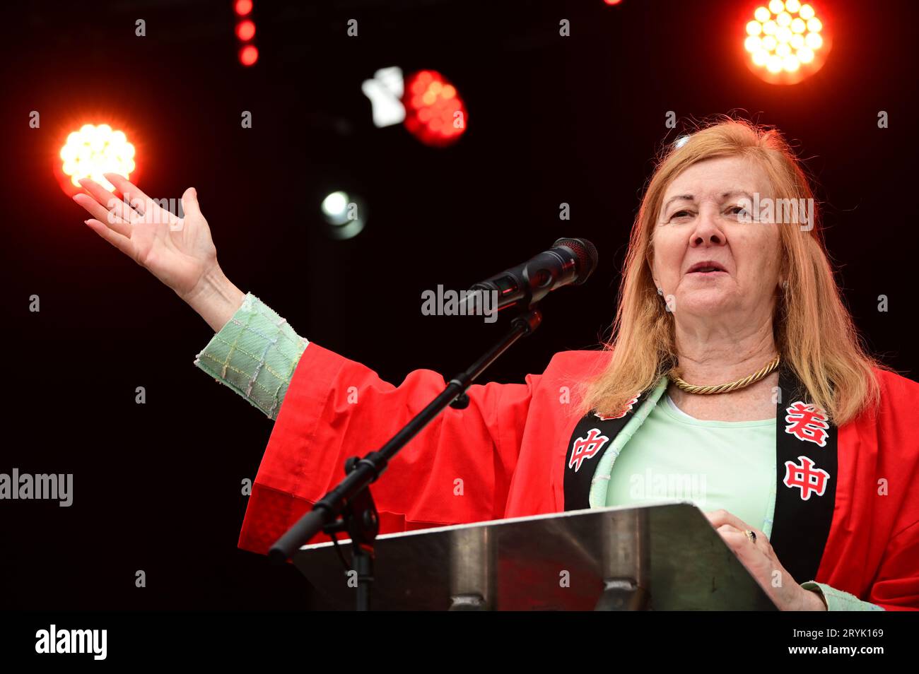 London, UK. 1st Oct, 2023. Speaker Lady Victoria Borwick is a Former London Deputy Mayor at the Japan Matsuri Festival is back in Trafalgar Square, London, UK, for Japanese culture, dances, performances, foods, and drinks. Credit: See Li/Picture Capital/Alamy Live News Stock Photo