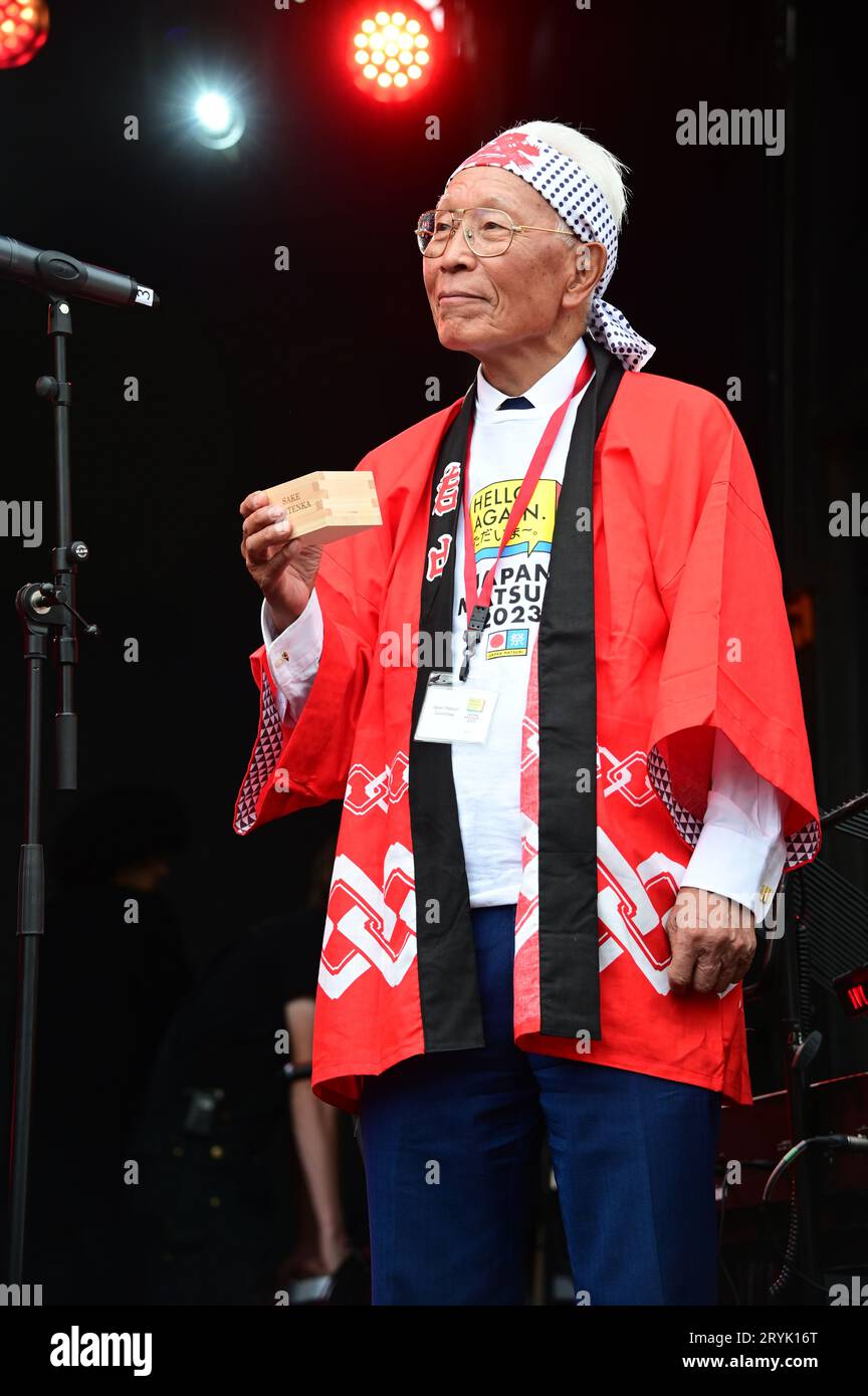 London, UK. 1st Oct, 2023. Speaker Mr Sandy Sano at the Japan Matsuri Festival is back in Trafalgar Square, London, UK, for Japanese culture, dances, performances, foods, and drinks. Credit: See Li/Picture Capital/Alamy Live News Stock Photo