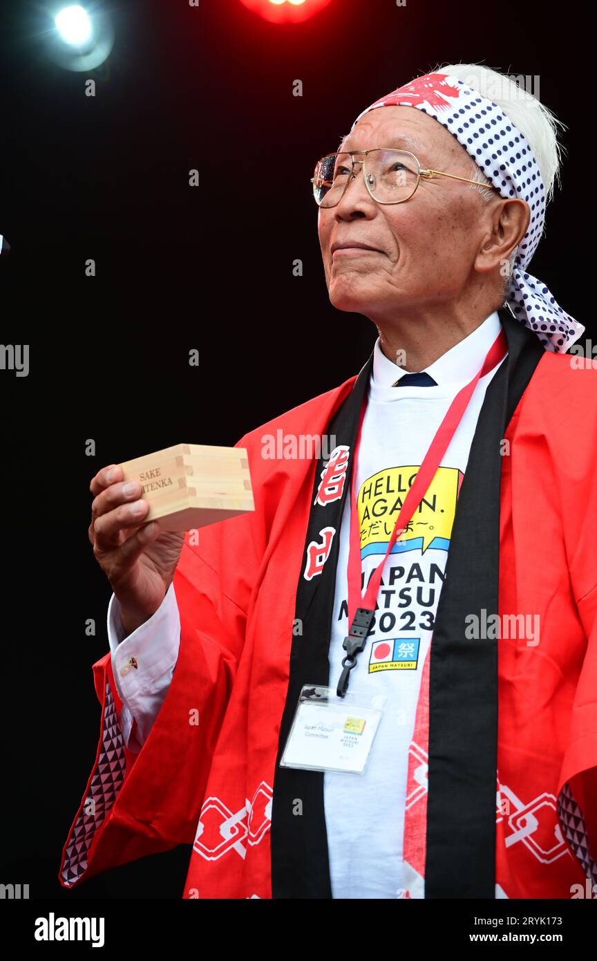 London, UK. 1st Oct, 2023. Speaker Mr Sandy Sano at the Japan Matsuri Festival is back in Trafalgar Square, London, UK, for Japanese culture, dances, performances, foods, and drinks. Credit: See Li/Picture Capital/Alamy Live News Stock Photo