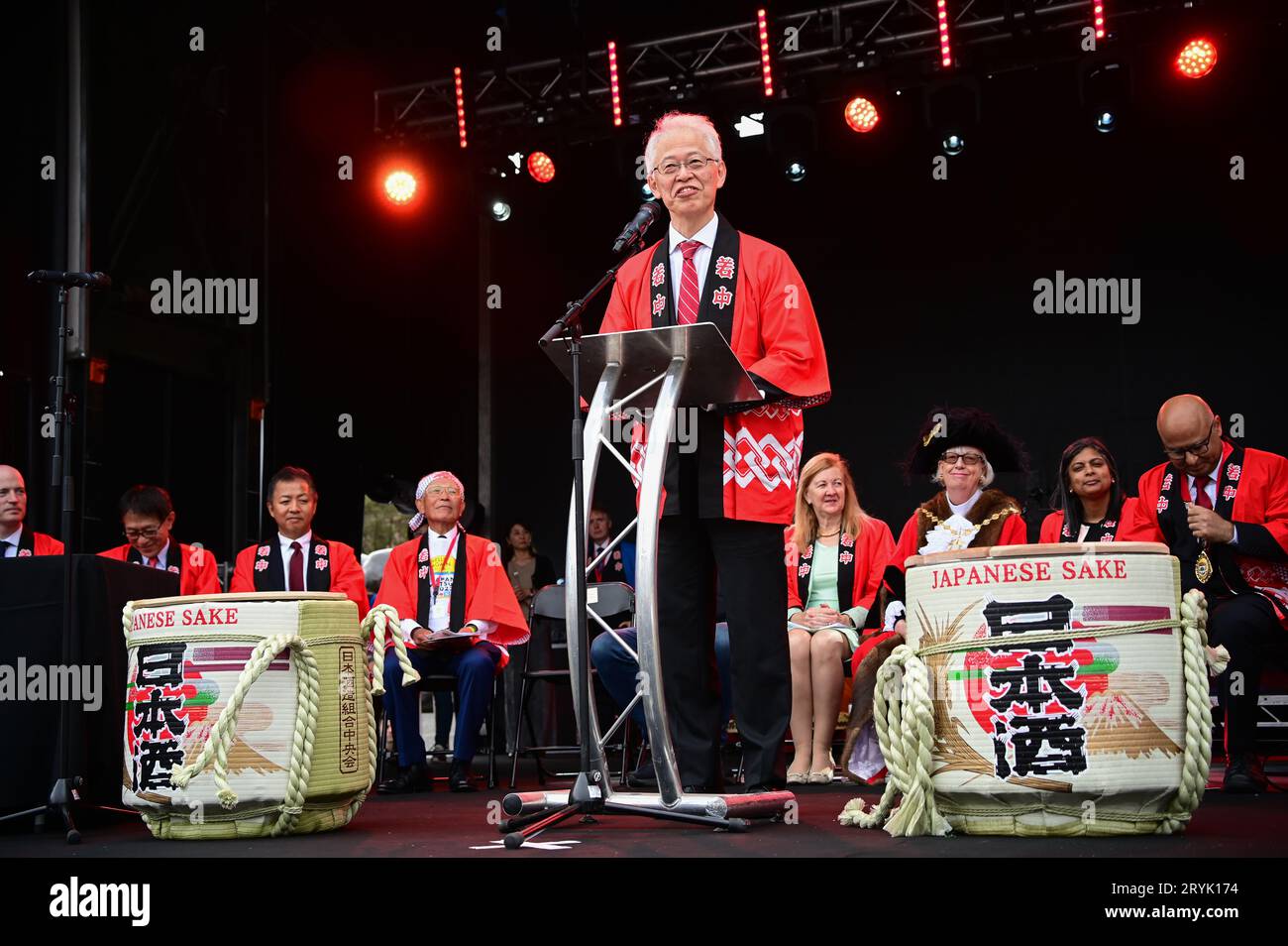 London, UK. 1st Oct, 2023. Speaker H.E. Mr Hajime Hayashi is a The Ambassador of Japan at the Japan Matsuri Festival is back in Trafalgar Square, London, UK, for Japanese culture, dances, performances, foods, and drinks. Credit: See Li/Picture Capital/Alamy Live News Stock Photo