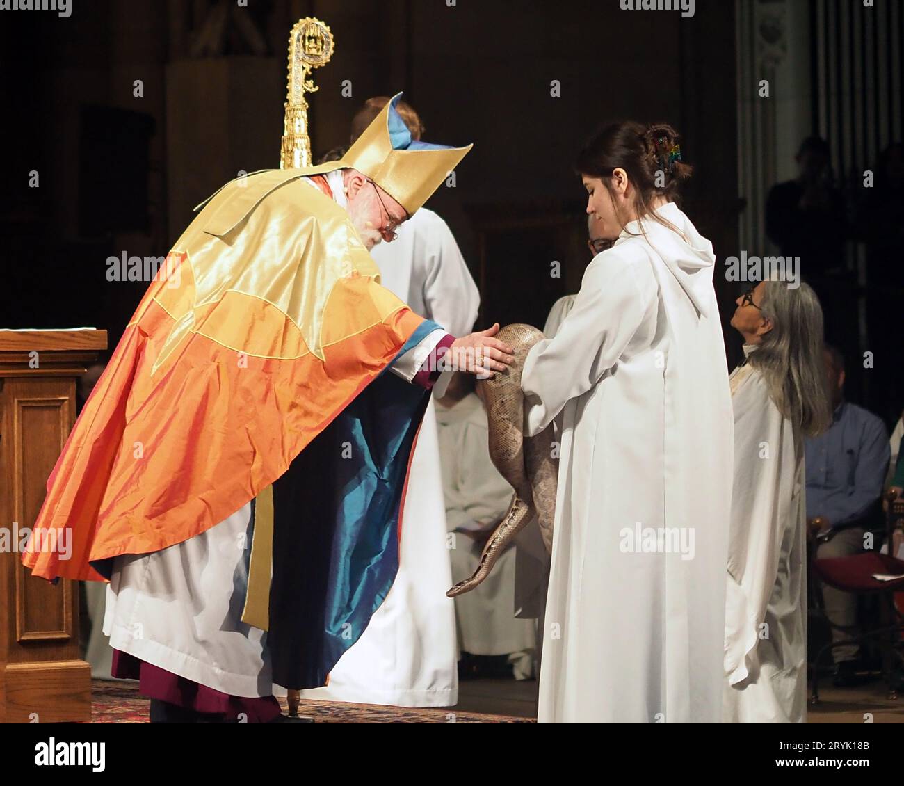 New York, NY, USA. 1st Oct, 2023. An python gets blessed by the Bishop ...
