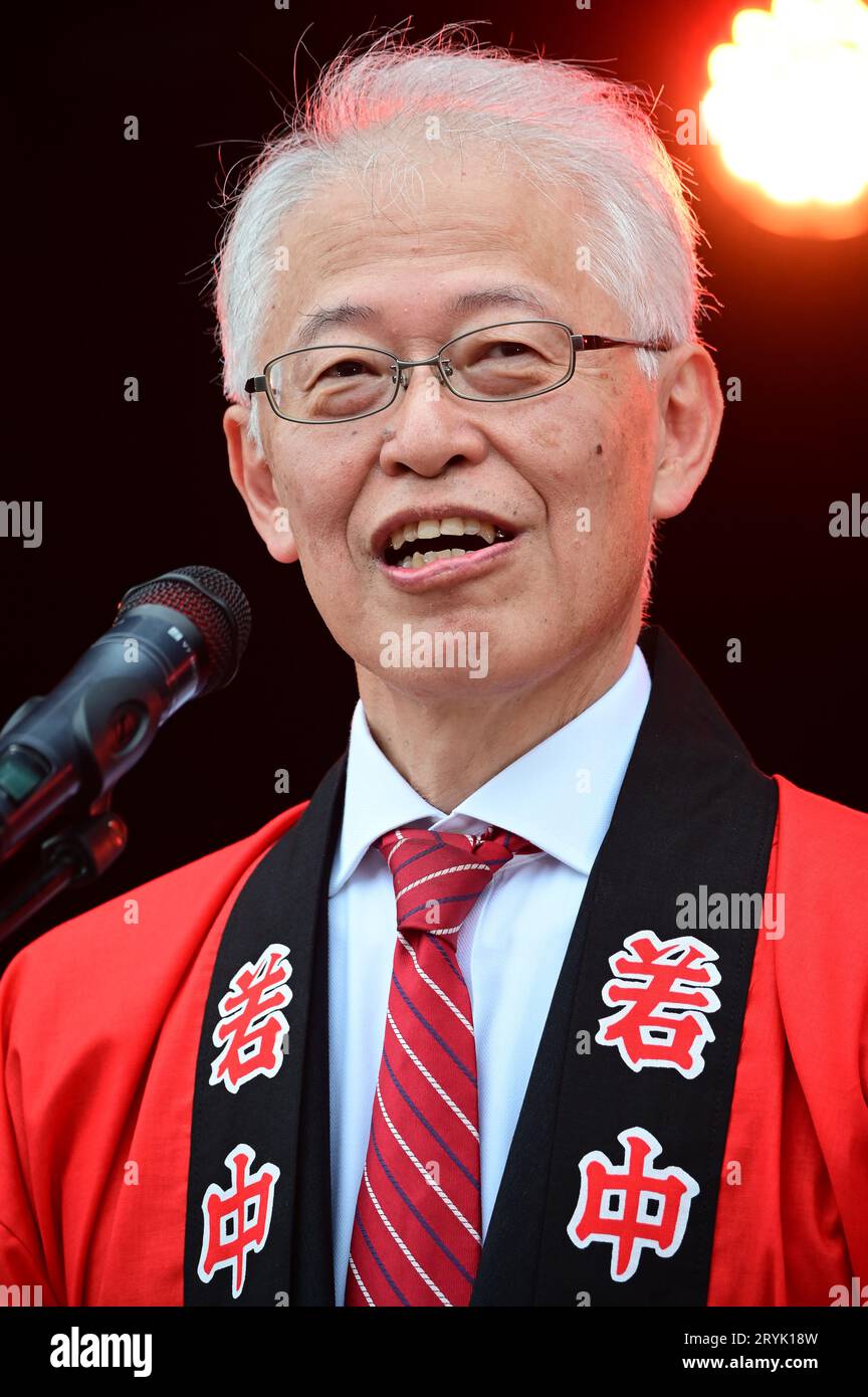 London, UK. 1st Oct, 2023. Speaker H.E. Mr Hajime Hayashi is a The Ambassador of Japan at the Japan Matsuri Festival is back in Trafalgar Square, London, UK, for Japanese culture, dances, performances, foods, and drinks. Credit: See Li/Picture Capital/Alamy Live News Stock Photo
