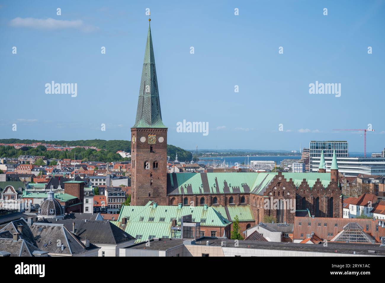 Aarhus Cathedral, drone shot, side view from the distance, Denmark ...