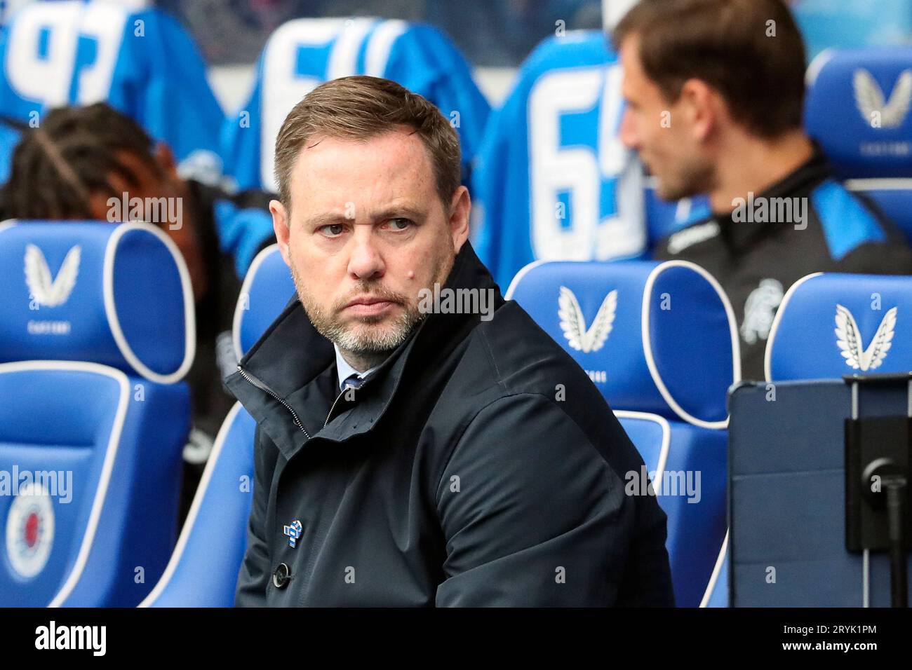 MICHAEL BEALE, manager of Rangers football club, sitting in the team