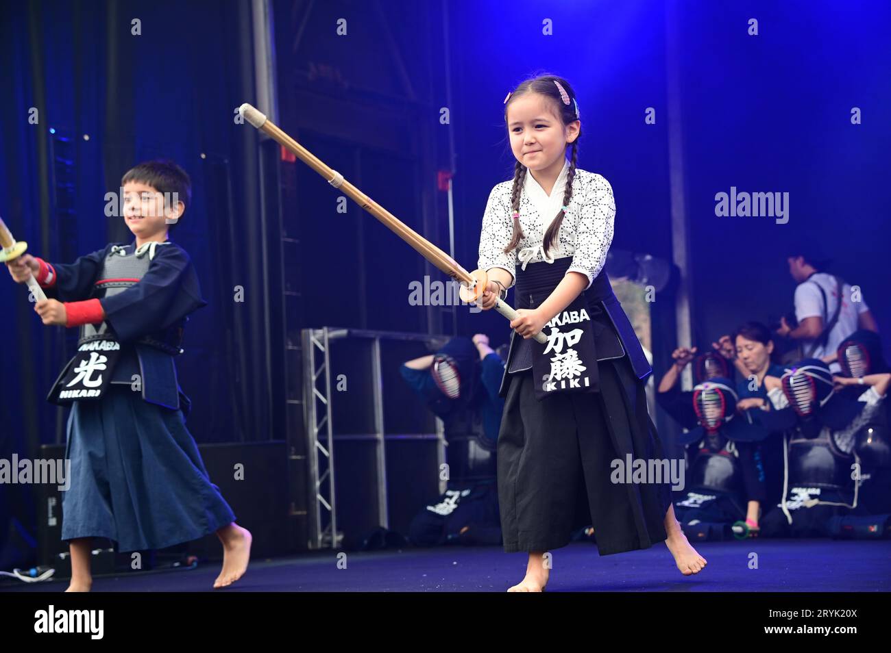 London, UK. 1st Oct, 2023. Kendo demonstration by Wakaba Kendo Club performs at the Japan Matsuri Festival is back in Trafalgar Square, London, UK, for Japanese culture, dances, performances, foods, and drinks. Credit: See Li/Picture Capital/Alamy Live News Stock Photo