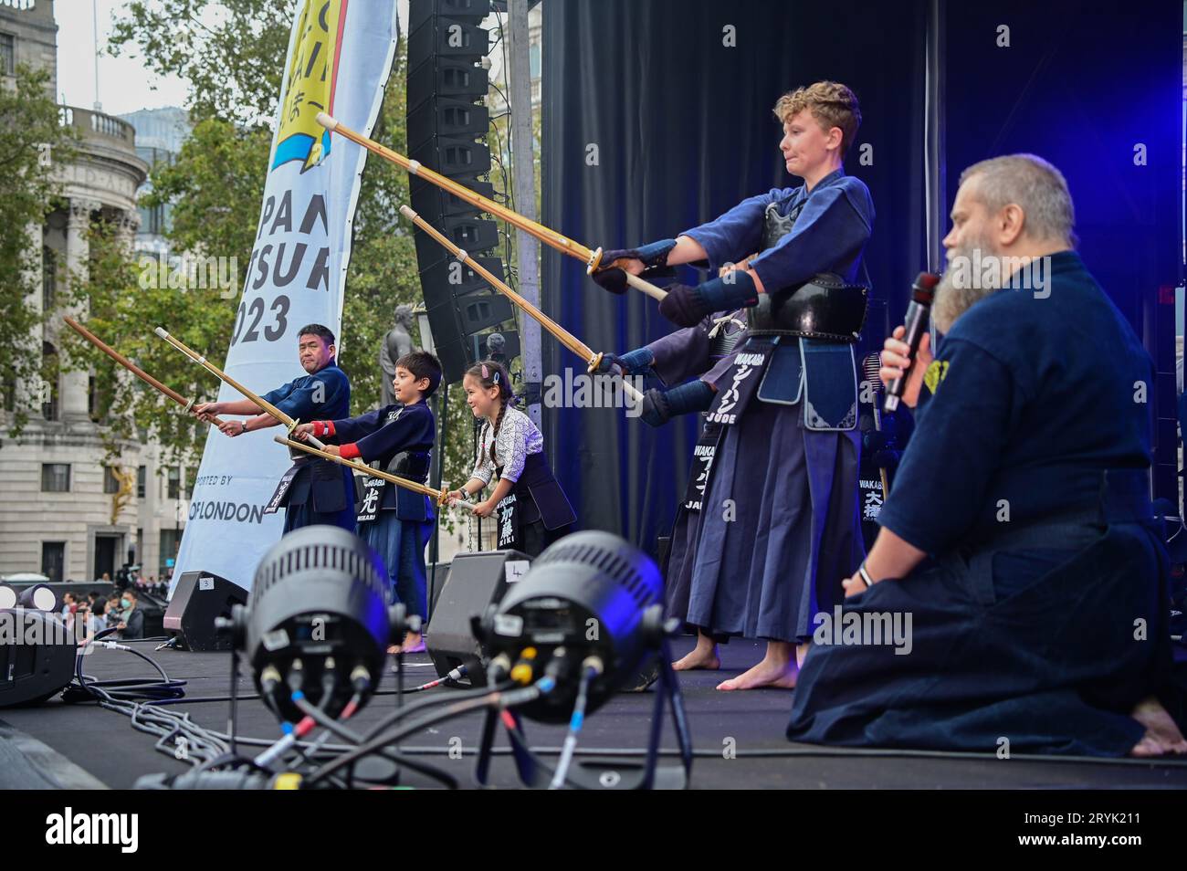 London, UK. 1st Oct, 2023. Kendo demonstration by Wakaba Kendo Club performs at the Japan Matsuri Festival is back in Trafalgar Square, London, UK, for Japanese culture, dances, performances, foods, and drinks. Credit: See Li/Picture Capital/Alamy Live News Stock Photo