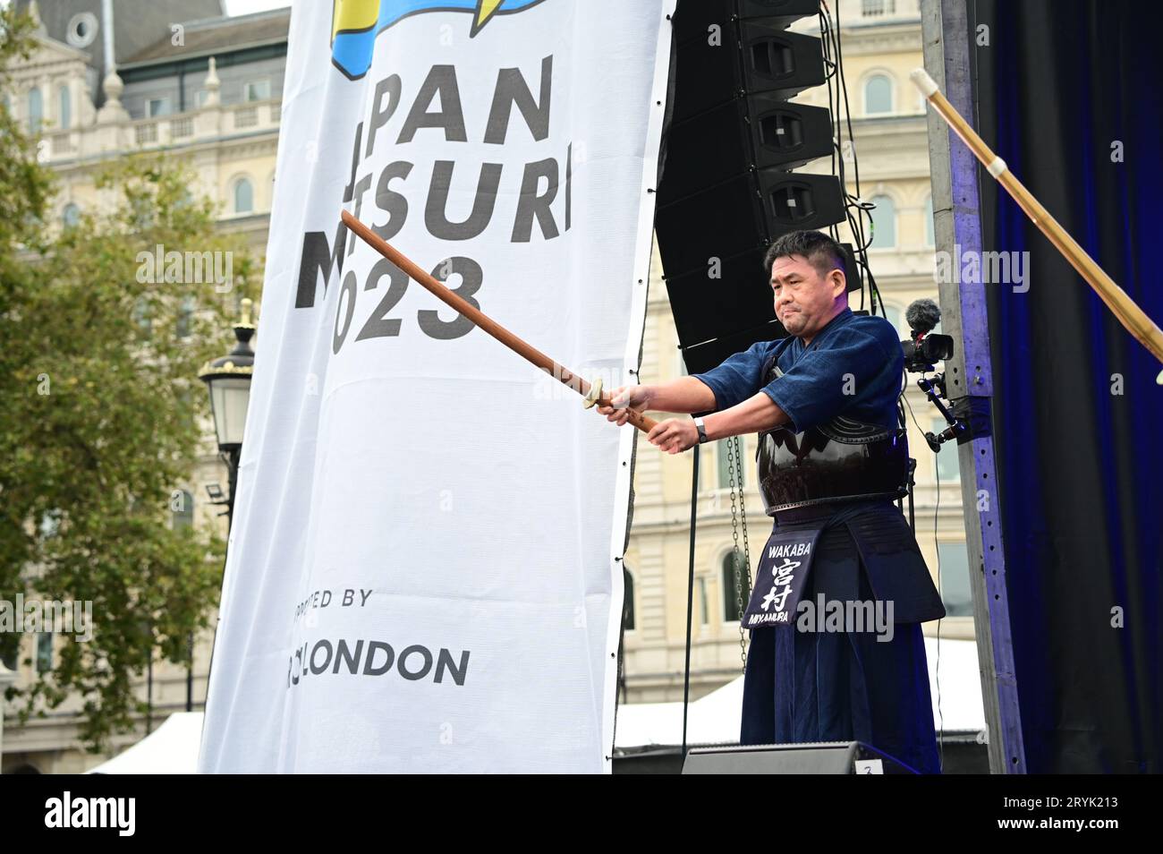 London, UK. 1st Oct, 2023. Kendo demonstration by Wakaba Kendo Club performs at the Japan Matsuri Festival is back in Trafalgar Square, London, UK, for Japanese culture, dances, performances, foods, and drinks. Credit: See Li/Picture Capital/Alamy Live News Stock Photo