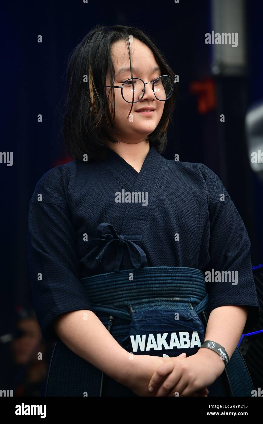 London, UK. 1st Oct, 2023. Kendo demonstration by Wakaba Kendo Club performs at the Japan Matsuri Festival is back in Trafalgar Square, London, UK, for Japanese culture, dances, performances, foods, and drinks. Credit: See Li/Picture Capital/Alamy Live News Stock Photo