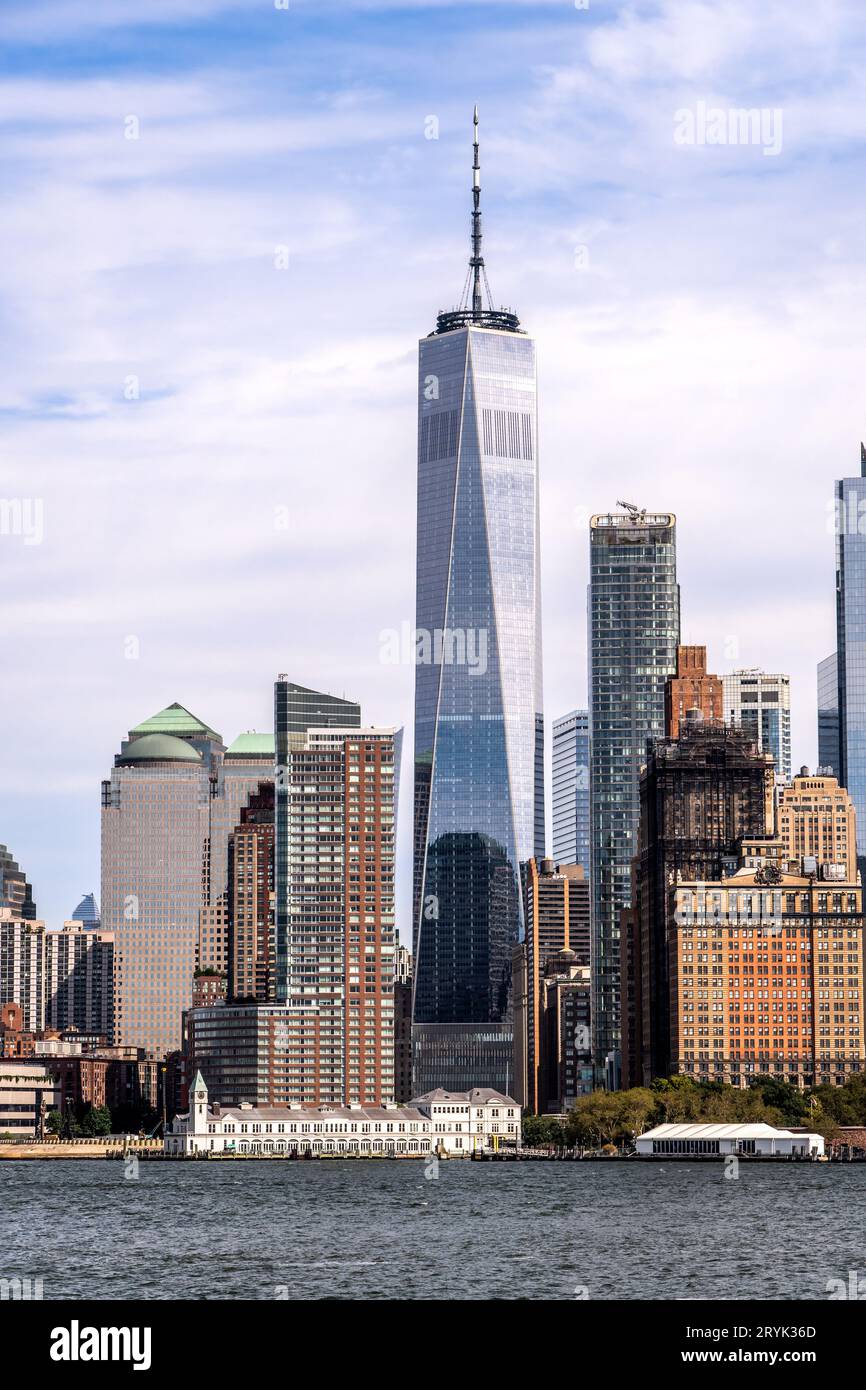 Lower Manhattan, New York, USA - September 16, 2023.  A vertical landscape view of The One World Trade Center building in Lower Manhattan and the fina Stock Photo