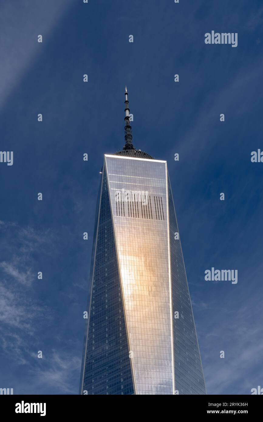 LOWER MANHATTAN, NEW YORK, USA - SEPTEMBER 16, 2023.  A vertical landscape view of The One World Trade Center building in Lower Manhattan and the fina Stock Photo