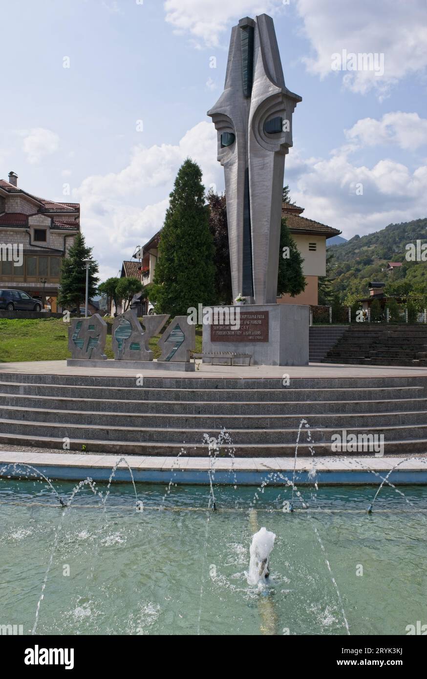 Foca, Bosnia and Herzegovina - Oct 1, 2023: This memorial commemorates the residents of Foca who were killed in the Bosnian War. In total 22,000 musli Stock Photo