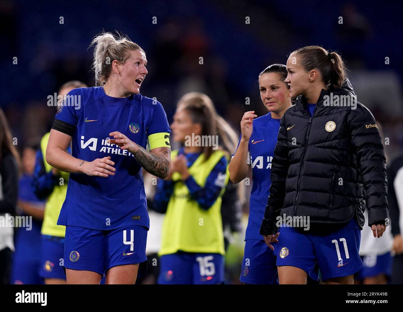 Chelsea's Millie Bright (left) speaks to teammate Guro Reiten at the end of the Barclays Women