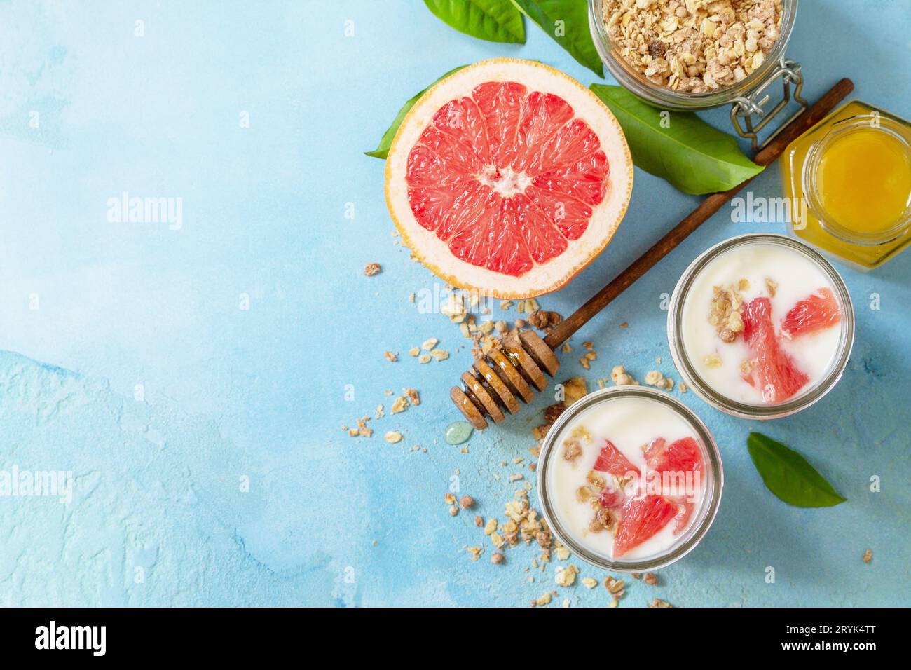 Vegan healthy breakfast. Granola with greek yogurt, honey and
