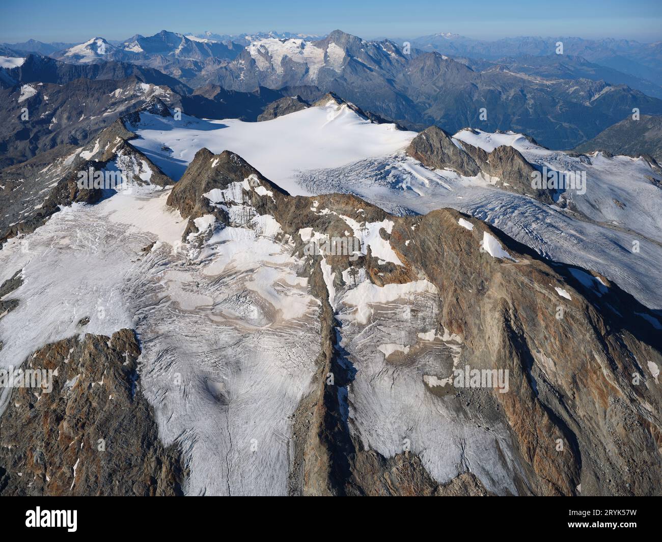 AERIAL VIEW. Testa del Rutor Peak (3486 meters) viewed from the northeast. La Thuile, Val Grisenche, Aosta Valley, Italy. Stock Photo