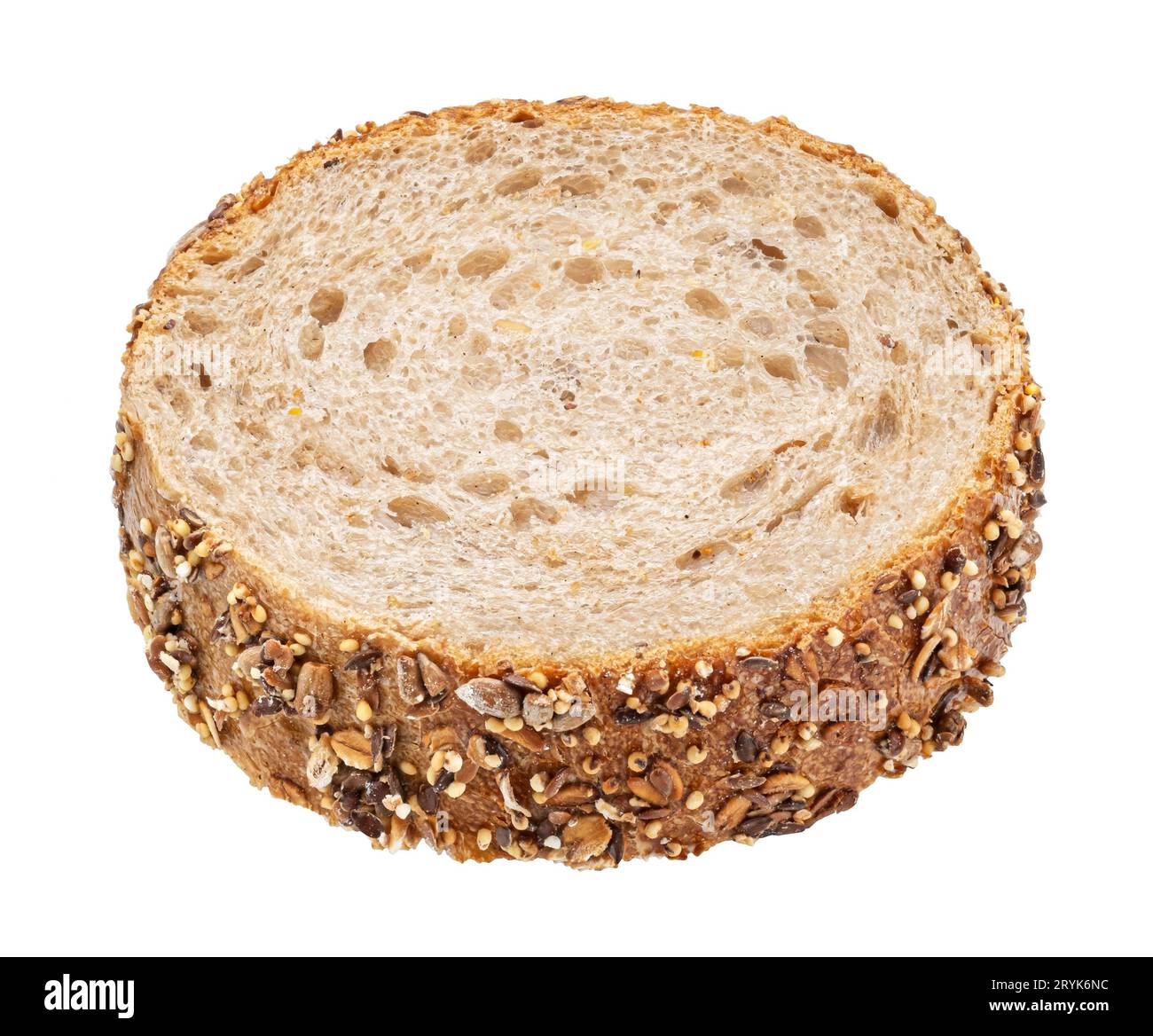 Wholegrain bread slice with oats isolated on white background, top view Stock Photo