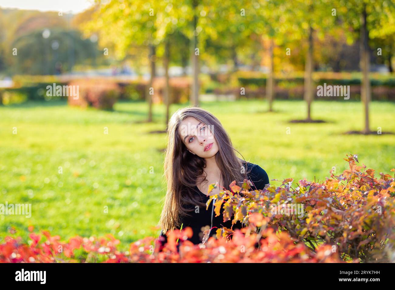 Portrait of a beautiful girl in an autumn park Stock Photo - Alamy