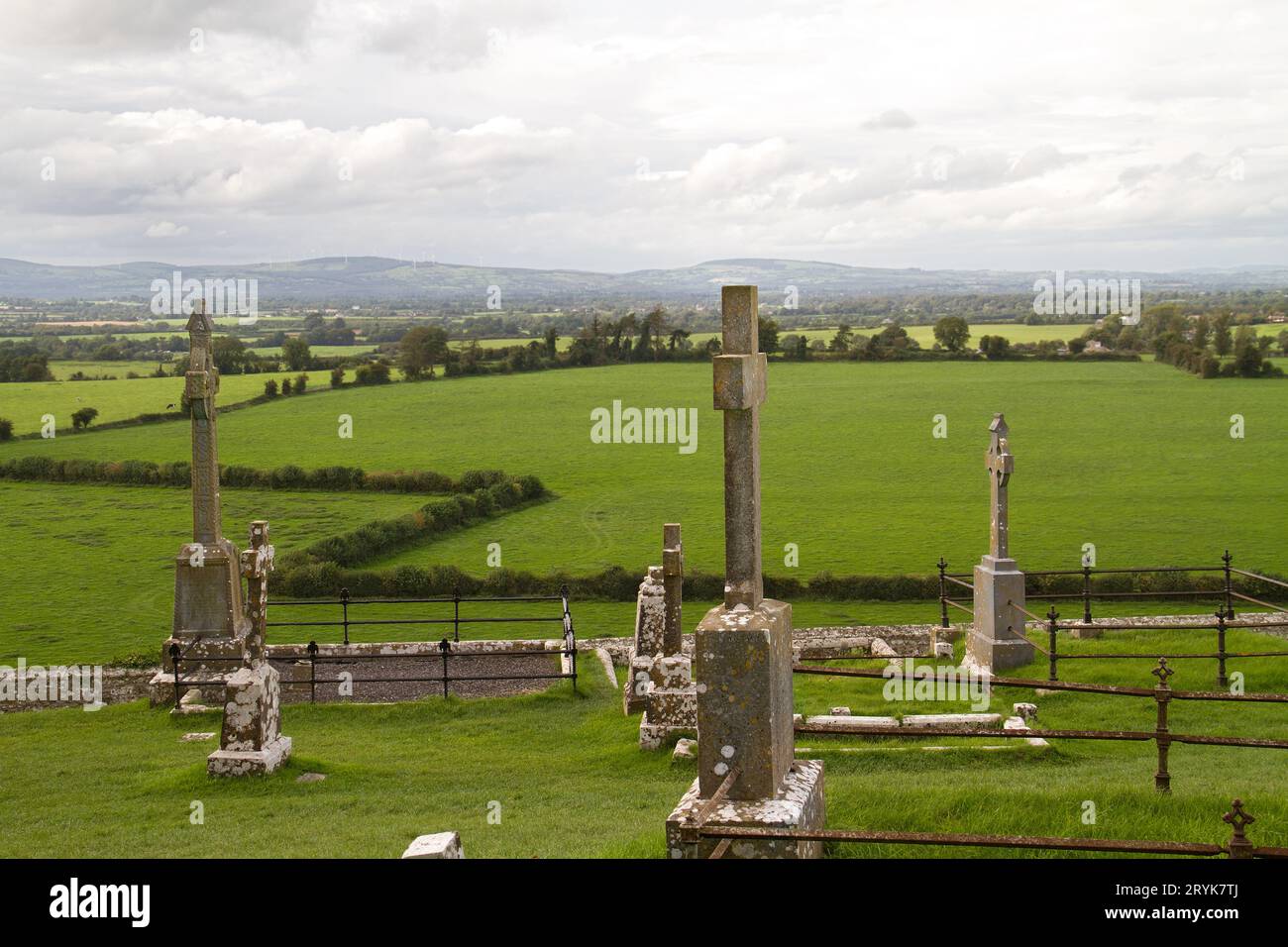 View from the medieval graveyard on the Rock of Cashel on the landscape of Tipperary Stock Photo