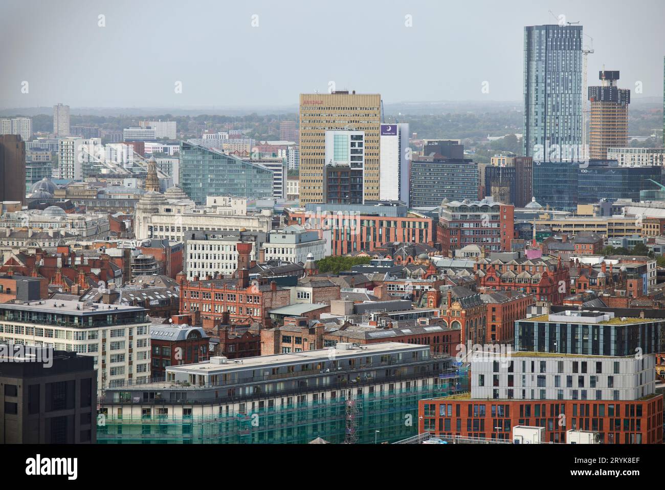 Rooftop view, looking down on Manchester city centre across the