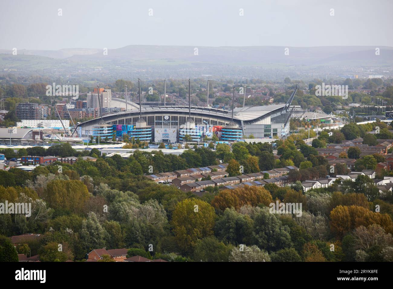 Rooftop view, looking down on Manchester City FC ground Etihad Stadium and Beswick houses Stock Photo