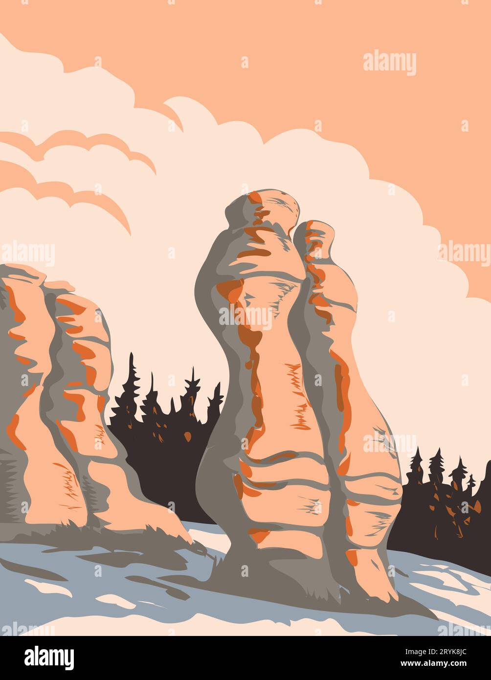 Monoliths of Mingan Archipelago National Park Reserve Quebec Canada WPA Poster Art Stock Photo
