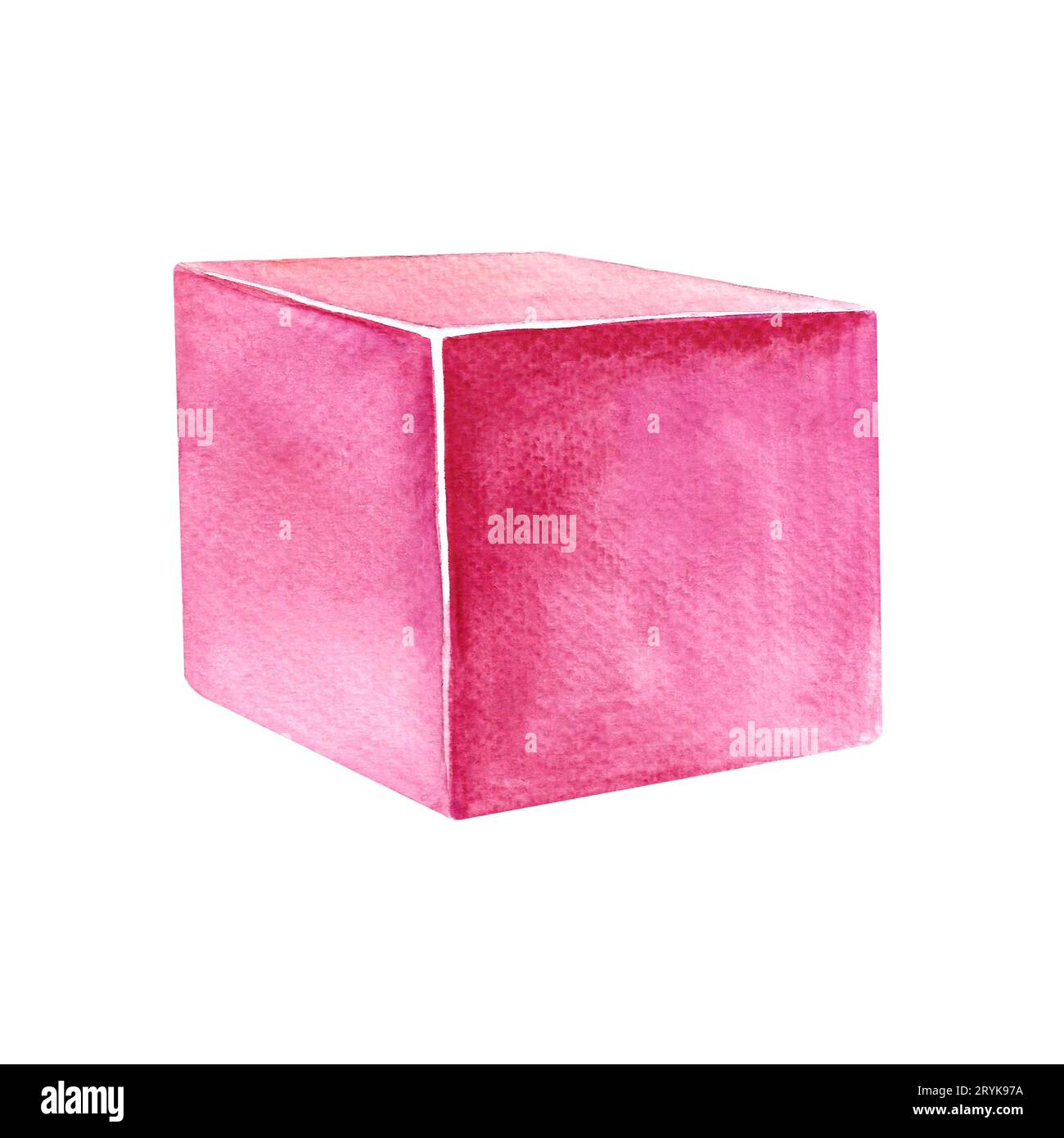 Pink cube. A child's toy. Handmade watercolor illustration. Isolate. For compositions of postcards, banners, stickers and decorations, labels, packagi Stock Photo