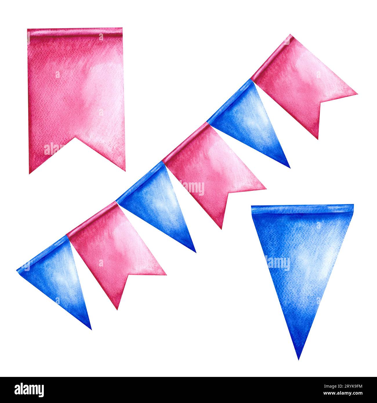 Festive garlands of flags. Pink and blue. Decorative elements of holidays and parties. Handmade watercolor illustration. Isolate. For the design of gr Stock Photo