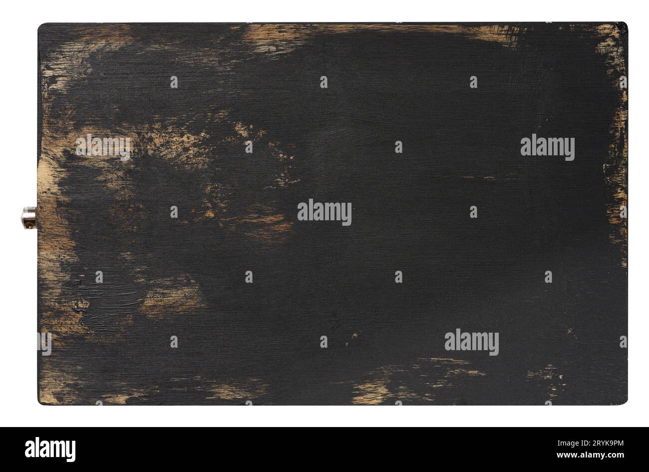 Empty black rectangular wooden oak kitchen cutting board. White background, top view Stock Photo
