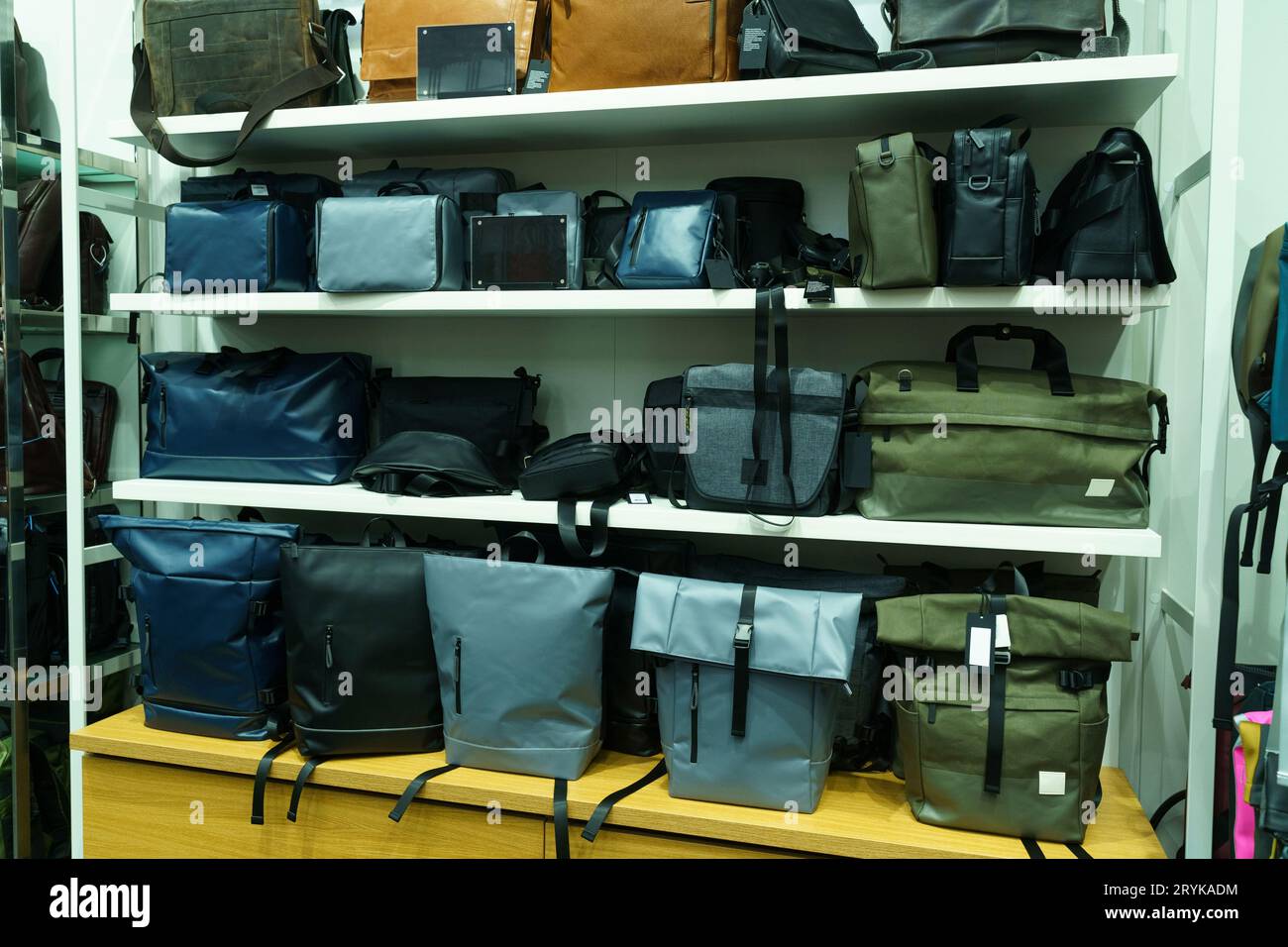 Showcase of a store selling bags for various uses. Closeup Stock Photo