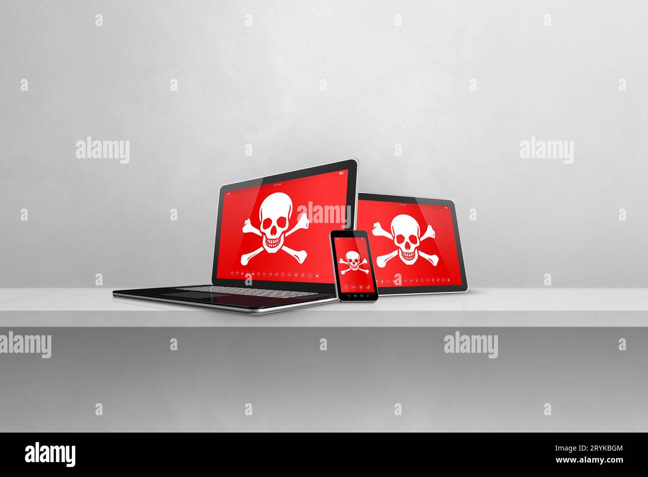 Laptop, tablet pc and smartphone on a shelf with pirate symbols on screen. Hacking and virus concept Stock Photo