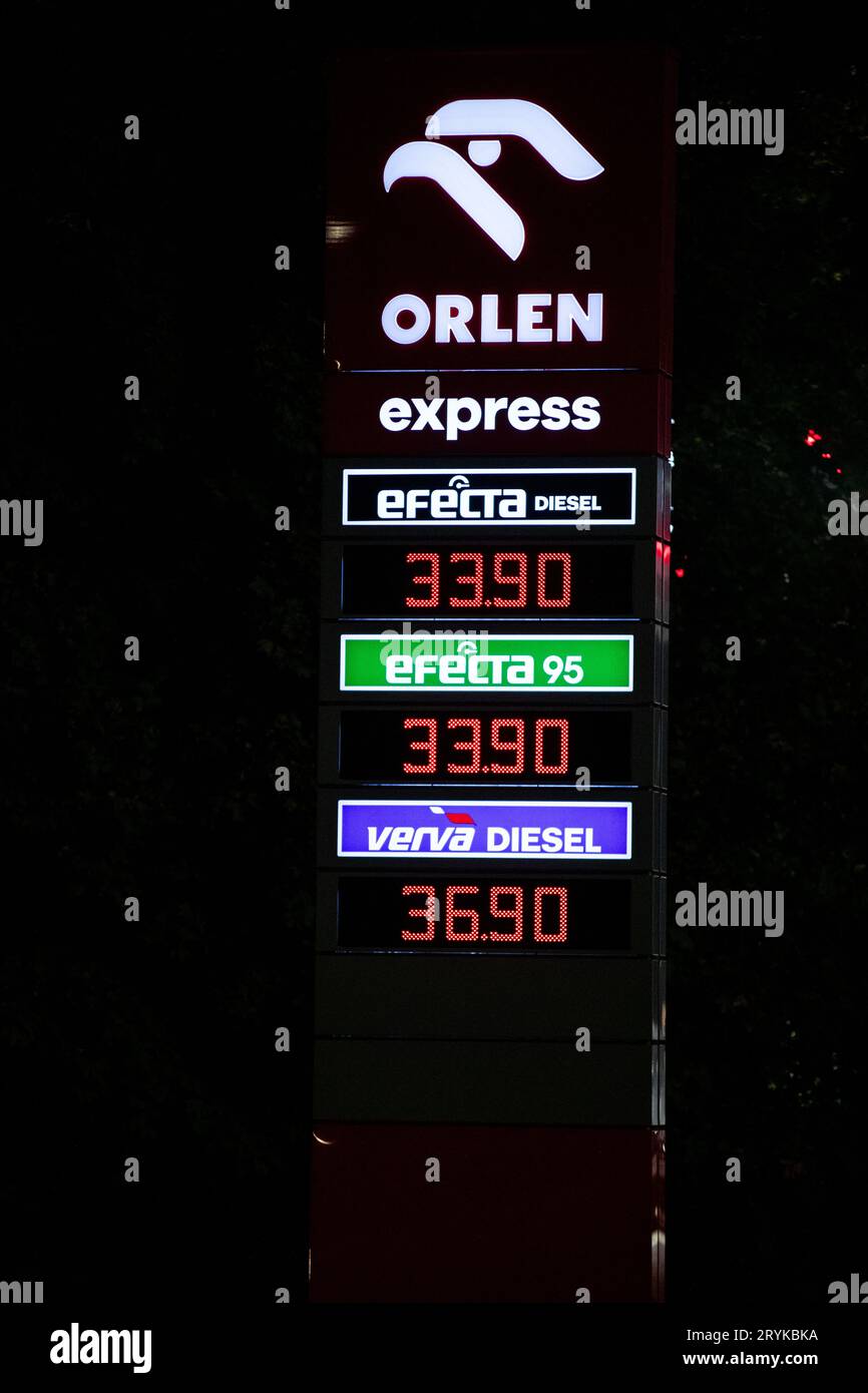 Karvina, Czech Republic. 01st Oct, 2023. Prices at the Orlen petrol