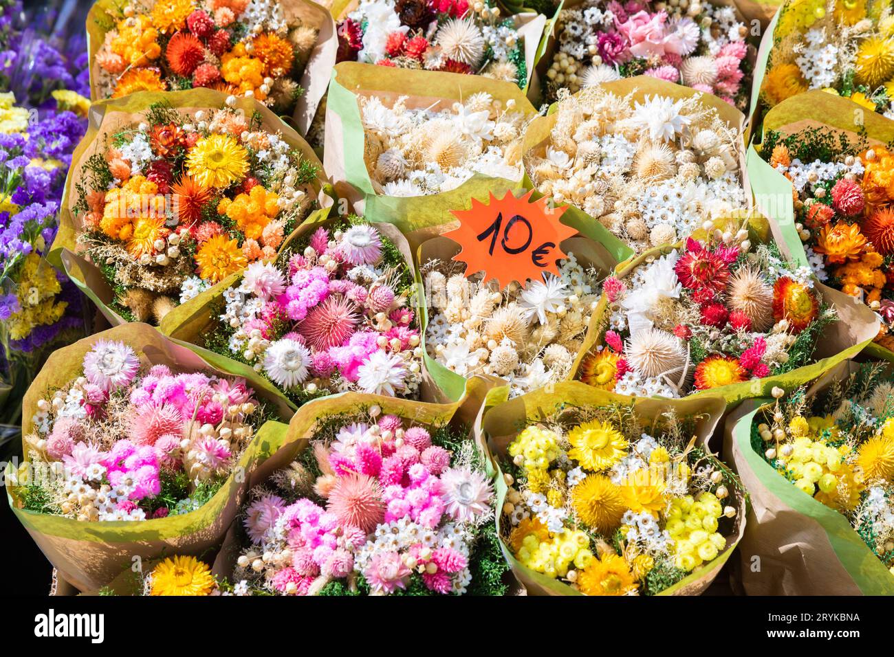 Vintage flowers market on public street retro cottagecore style Stock