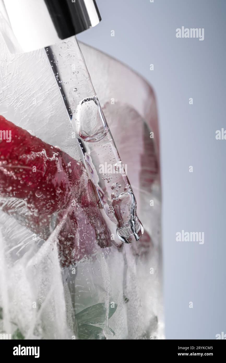 Pipette on a large piece of ice with frozen flowers. Stock Photo