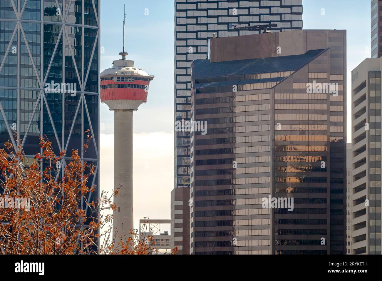 Calgary, Alberta, Canada. Apr 24, 2023. The Calgary Tower a 190.8-metre free standing observation tower in the downtown core of Stock Photo