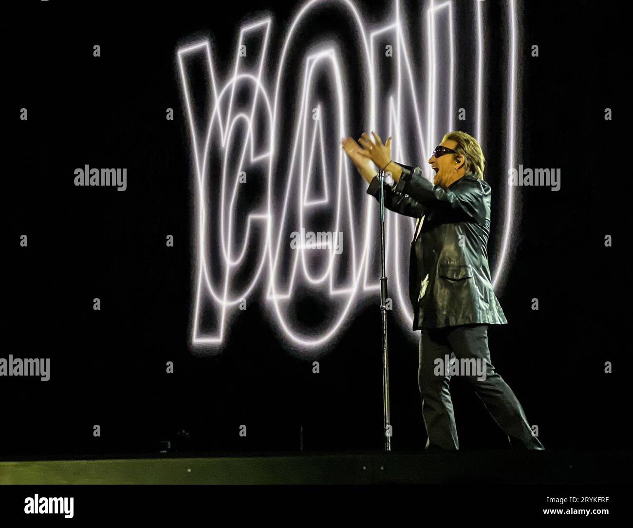 Las Vegas, USA. 30th Sep, 2023. LAS VEGAS, NEVADA - SEPTEMBER 30: Bono of U2 performs during the bands second night of thier residency 'U2: Achtung Baby Live' at Sphere on September 30, 2023 in Las Vegas, Nevada. Photo: Amiee Stubbs/imageSPACE/Sipa USA Credit: Sipa USA/Alamy Live News Stock Photo